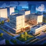 Vista aérea de un centro de innovación tecnológica con edificios modernos al amanecer