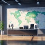 Interior de oficina moderna con paredes de cristal mostrando mapas interactivos y herramientas tecnológicas.