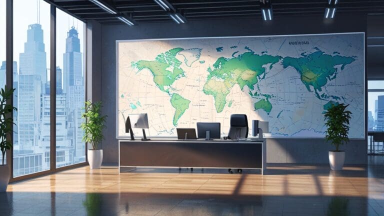 Interior de oficina moderna con paredes de cristal mostrando mapas interactivos y herramientas tecnológicas.