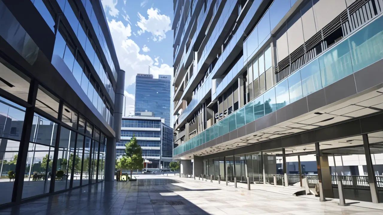 Vista moderna de un centro de innovación tecnológica con edificios acristalados en Madrid