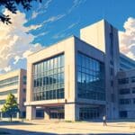 Vista moderna de un campus universitario con edificios de investigación bajo un cielo despejado