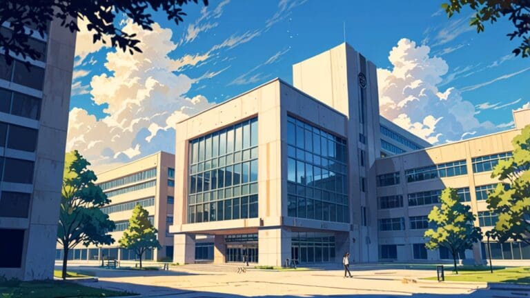 Vista moderna de un campus universitario con edificios de investigación bajo un cielo despejado