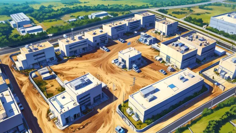 Vista aérea de un centro de reciclaje moderno con máquinas tecnológicas procesando materiales.