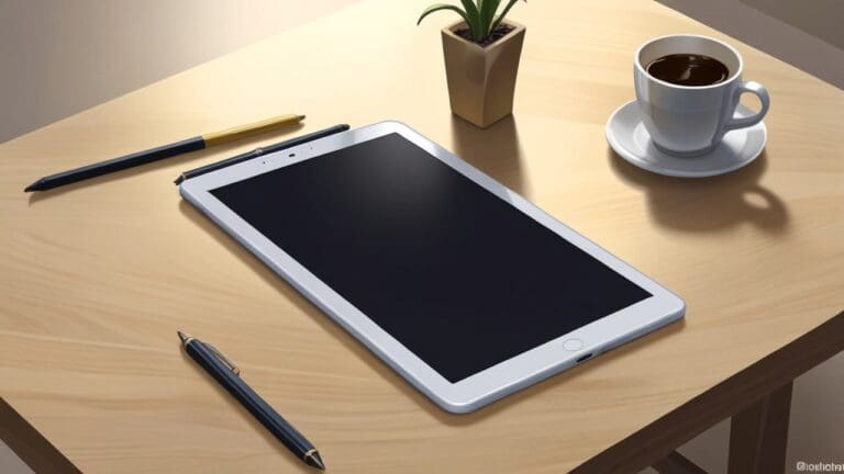 Primer plano de una tablet moderna sobre una mesa, con una interfaz amigable para personas mayores, en un entorno luminoso y minimalista
