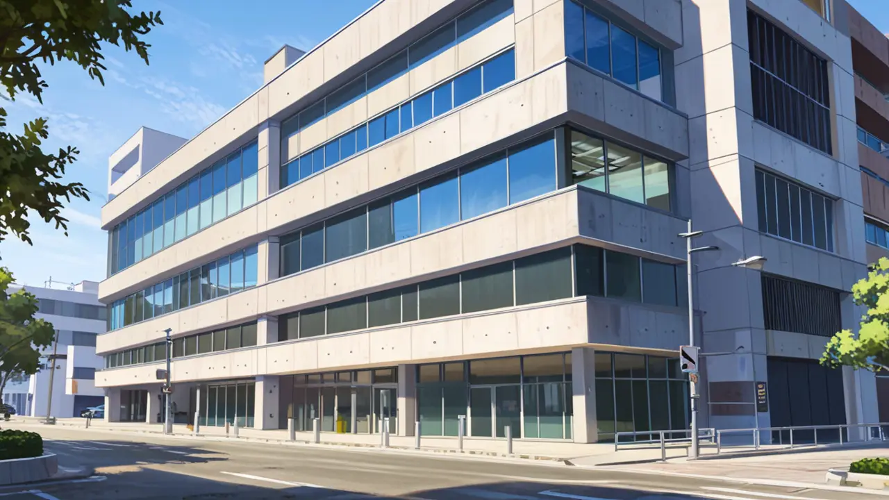 Fachada moderna de un edificio de oficinas con diseño tecnológico en una zona urbana de Castelldefels