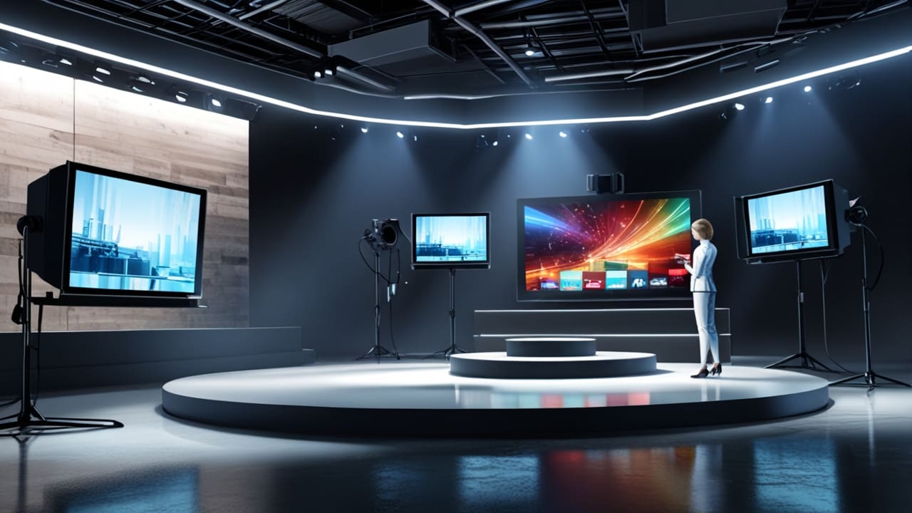 Moderno estudio de televisión con iluminación profesional y equipo tecnológico.