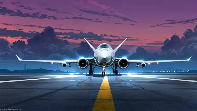 Avión futurista sobre una pista despegando al amanecer, cielo despejado, entorno tecnológico.