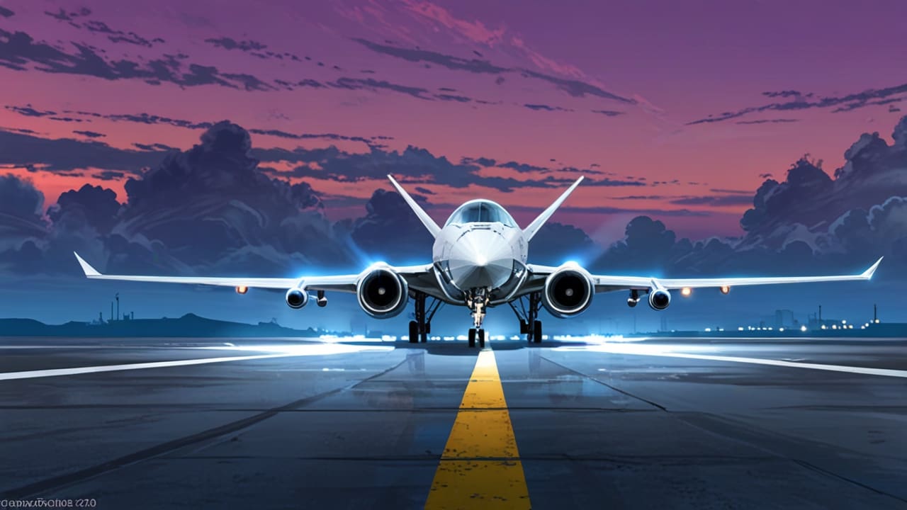 Avión futurista sobre una pista despegando al amanecer, cielo despejado, entorno tecnológico.