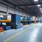 Centro logístico moderno con vehículos de carga alineados y tecnología de gestión operativa en segundo plano