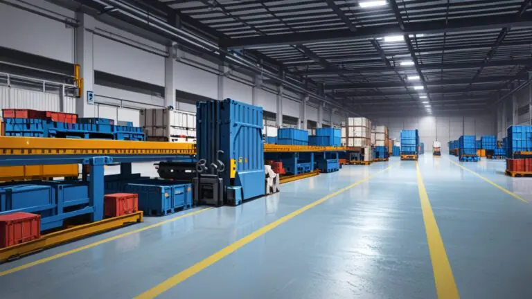 Centro logístico moderno con vehículos de carga alineados y tecnología de gestión operativa en segundo plano
