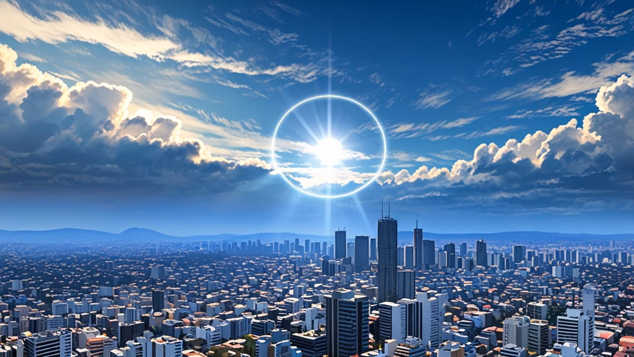 Vista panorámica del cielo sobre Ciudad de México mostrando un halo solar alrededor del sol en un día despejado