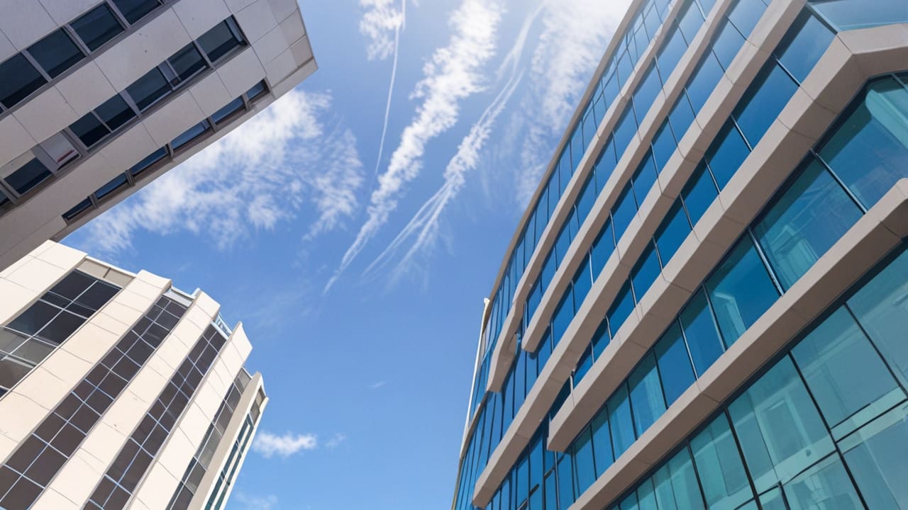 Edificios modernos de oficinas tecnológicas en el centro de Málaga bajo un cielo despejado