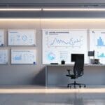 Escena interior moderna de una oficina tecnológica con pantallas digitales y gráficos de crecimiento.