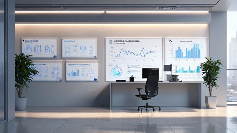 Escena interior moderna de una oficina tecnológica con pantallas digitales y gráficos de crecimiento.