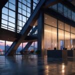 Oficinas modernas en Barcelona con luces cálidas al atardecer y ambiente tecnológico