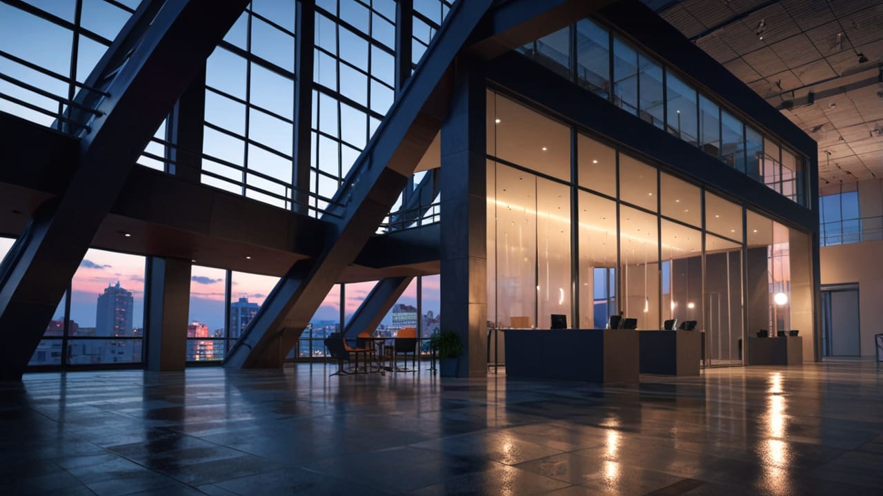 Oficinas modernas en Barcelona con luces cálidas al atardecer y ambiente tecnológico