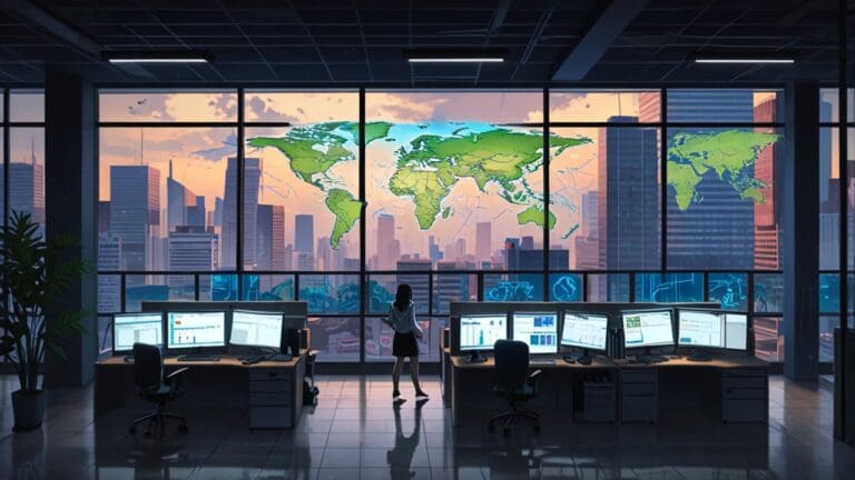 Oficinas modernas con equipos tecnológicos y pantallas mostrando mapas financieros, en un entorno urbano de ciudad latinoamericana