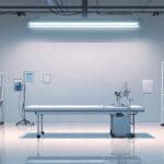 Primer plano de dispositivo médico moderno sobre una mesa de laboratorio iluminada, en un entorno tecnológico minimalista