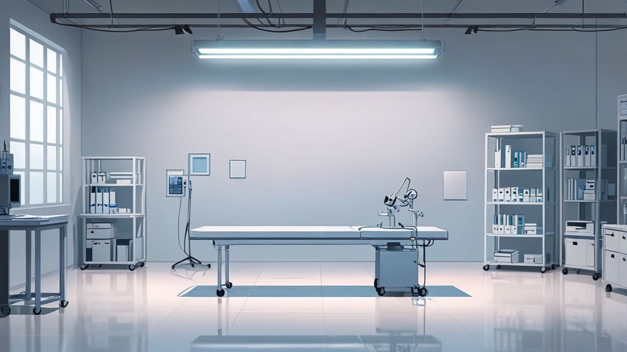 Primer plano de dispositivo médico moderno sobre una mesa de laboratorio iluminada, en un entorno tecnológico minimalista