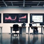 Oficinas modernas de una startup tecnológica con pantallas de datos y gráficos