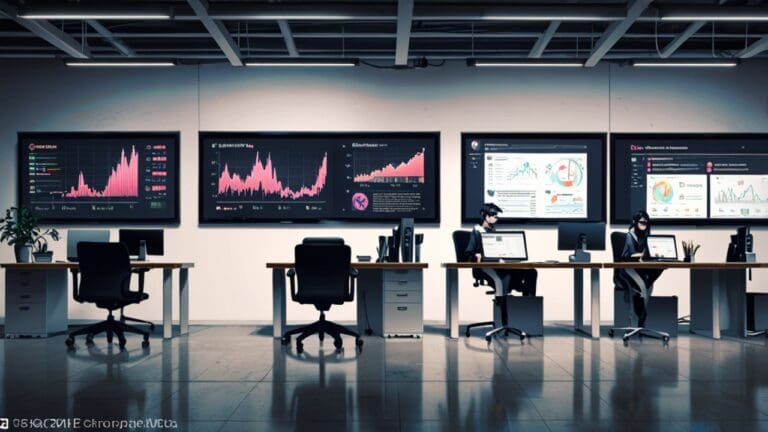 Oficinas modernas de una startup tecnológica con pantallas de datos y gráficos