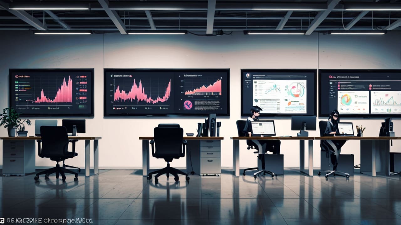 Oficinas modernas de una startup tecnológica con pantallas de datos y gráficos