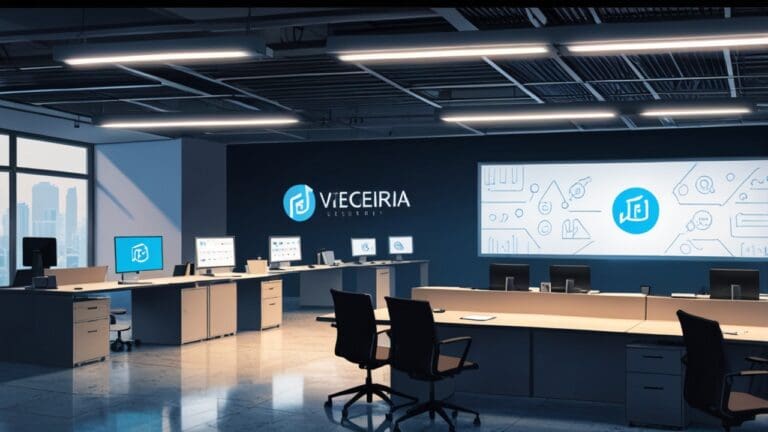 Vista de una oficina moderna de tecnología con logotipos empresariales en pantallas