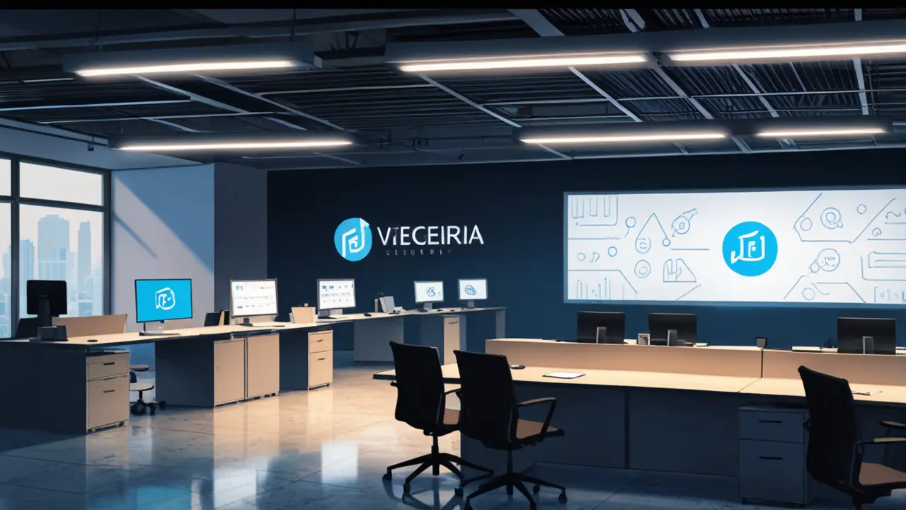 Vista de una oficina moderna de tecnología con logotipos empresariales en pantallas