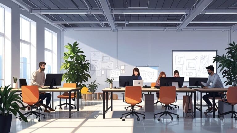 Espacio de coworking moderno con jóvenes desarrolladores frente a pantallas digitales trabajando en prototipos tecnológicos