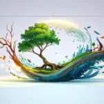 Representación de un ecosistema natural con elementos tecnológicos integrados de forma visualmente atractiva