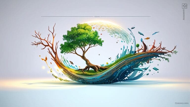 Representación de un ecosistema natural con elementos tecnológicos integrados de forma visualmente atractiva