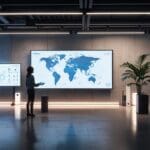 Oficina moderna con equipos tecnológicos y gráficos de inteligencia artificial en pantallas