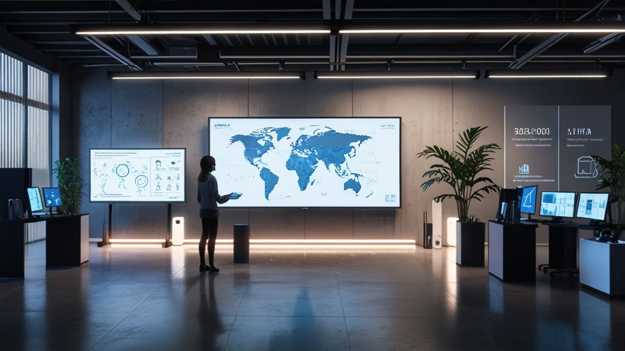 Oficina moderna con equipos tecnológicos y gráficos de inteligencia artificial en pantallas