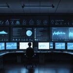 Oficina moderna con computadoras que muestran gráficos de datos y algoritmos de inteligencia artificial en una pantalla panorámica