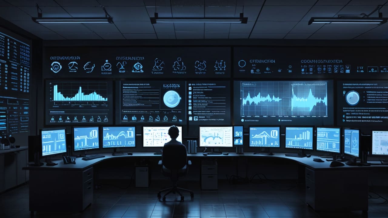 Oficina moderna con computadoras que muestran gráficos de datos y algoritmos de inteligencia artificial en una pantalla panorámica