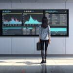 Oficina moderna con pantallas mostrando gráficos y datos en un entorno tecnológico