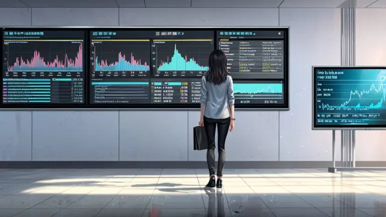 Oficina moderna con pantallas mostrando gráficos y datos en un entorno tecnológico