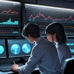 Oficina moderna con equipo de investigación científica y visualizaciones de datos biomédicos en pantalla