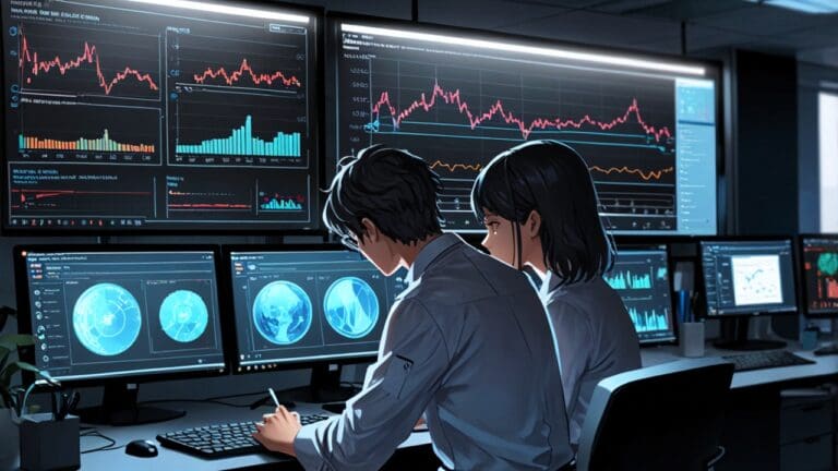 Oficina moderna con equipo de investigación científica y visualizaciones de datos biomédicos en pantalla