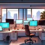 Espacio de trabajo moderno con computadoras y gráficos de startups digitales.