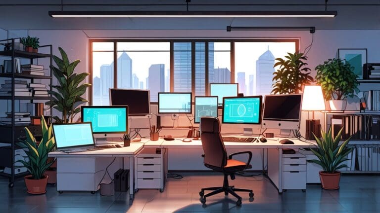 Espacio de trabajo moderno con computadoras y gráficos de startups digitales.