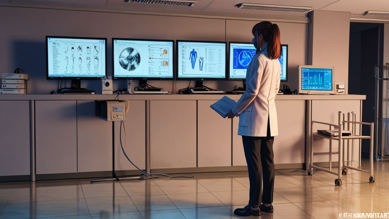 Interior de una oficina tecnológica con pantallas que muestran modelos de datos médicos en tiempo real