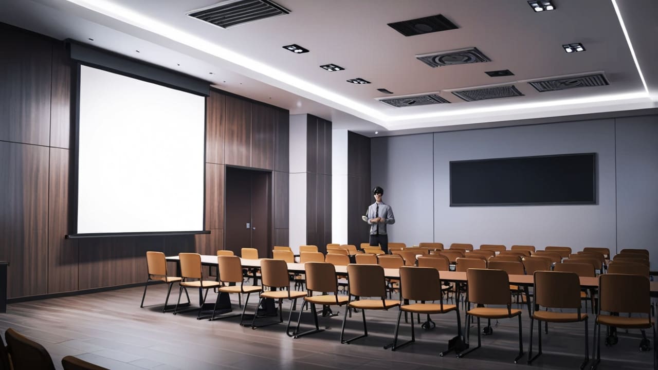 Sala de conferencias moderna con pantallas digitales y tablets, ambientación tecnológica y corporativa, luz natural