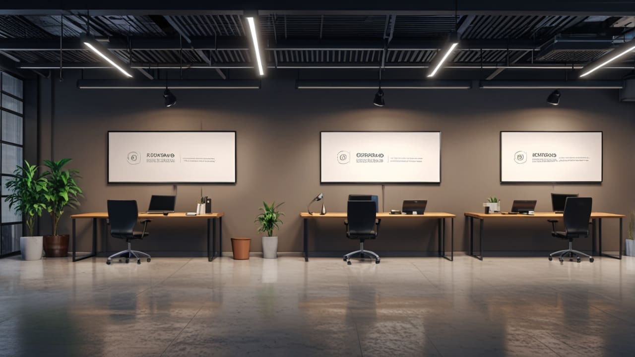 Espacio coworking moderno con laptops y pantallas mostrando gráficos de datos en un entorno corporativo minimalista