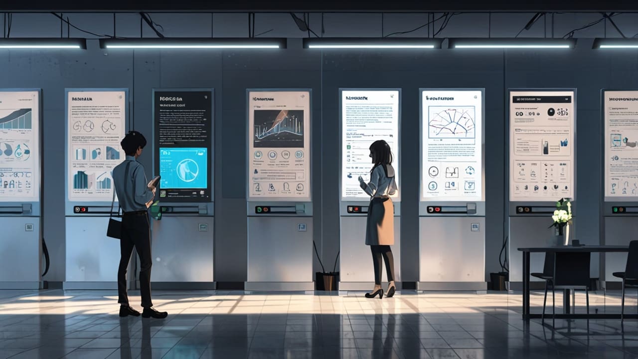 Oficina moderna con pantallas digitales mostrando gráficos de sostenibilidad en tecnología limpia