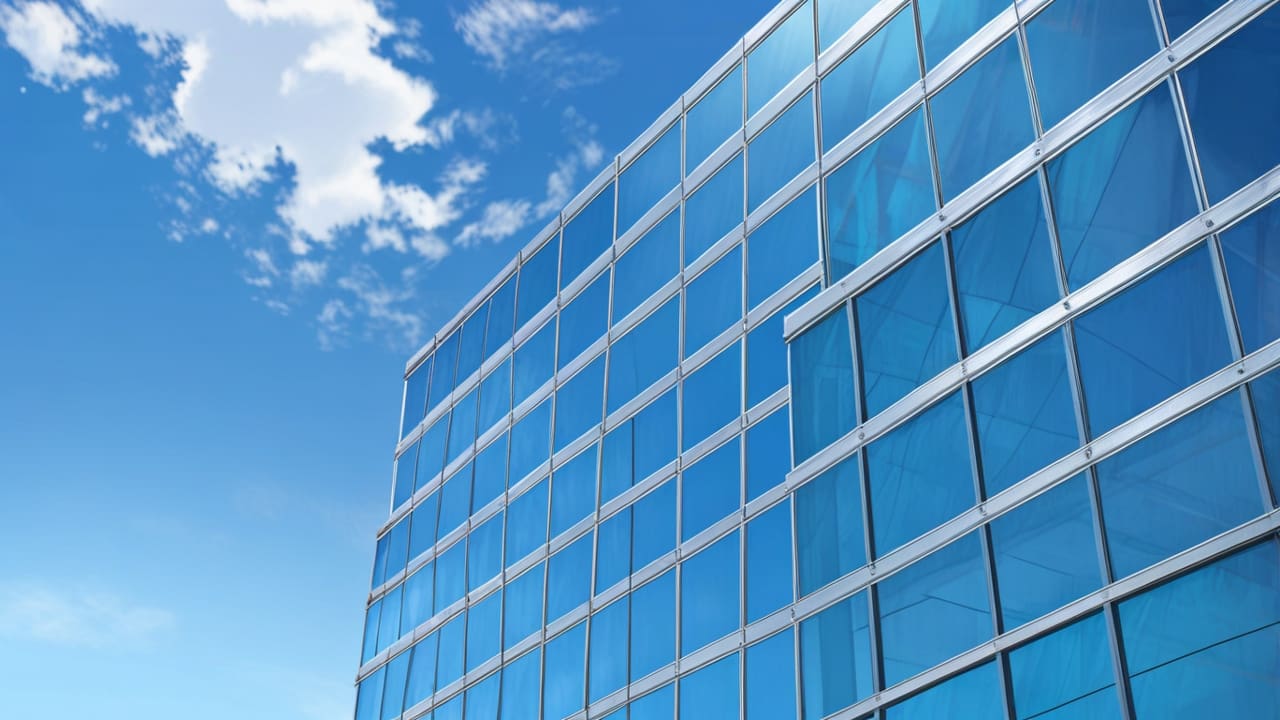 Edificio moderno de empresa tecnológica bajo un cielo azul brillante