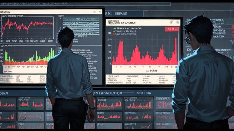 Oficina moderna con pantallas digitales mostrando datos y gráficos, ubicada en un entorno tecnológico de Barcelona