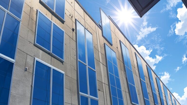 Paneles solares en el techo de un edificio moderno bajo un cielo despejado