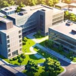 Vista panorámica de un campus tecnológico moderno con edificios inteligentes rodeados de zonas verdes