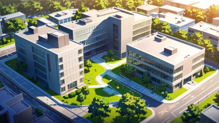 Vista panorámica de un campus tecnológico moderno con edificios inteligentes rodeados de zonas verdes